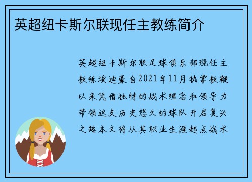 英超纽卡斯尔联现任主教练简介