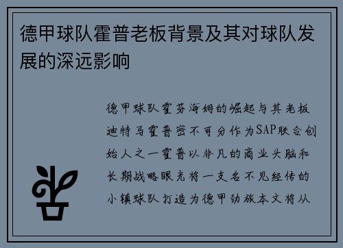 德甲球队霍普老板背景及其对球队发展的深远影响